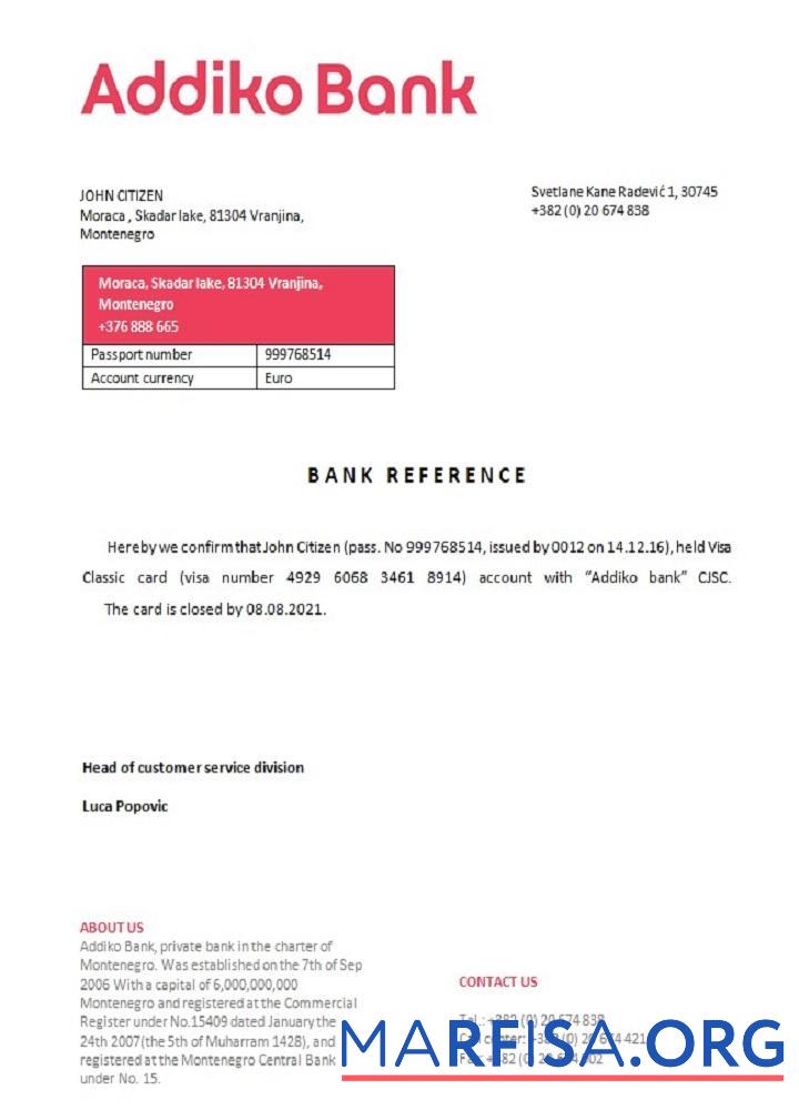 Realistic Montenegro Addiko bank closure reference template